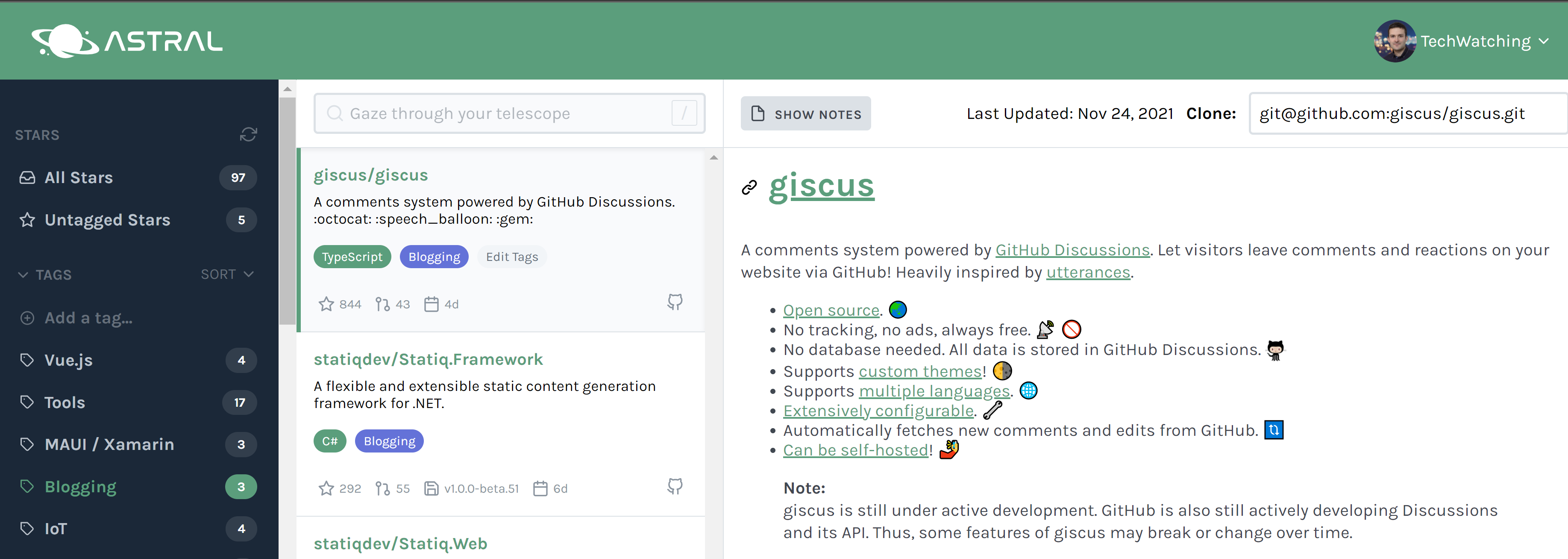 List of starred repositories in Astral.