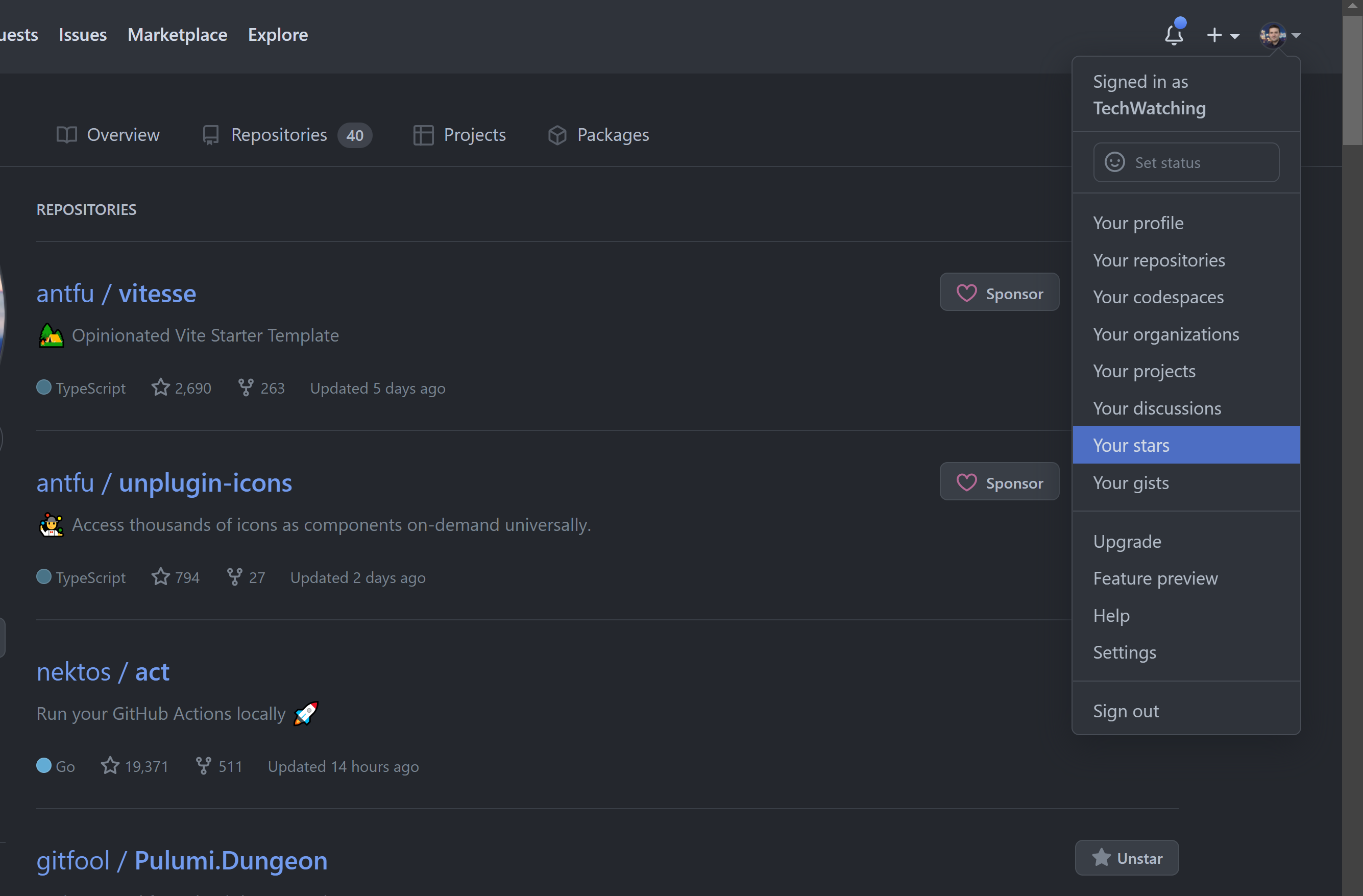 "Your stars" menu in GitHub.