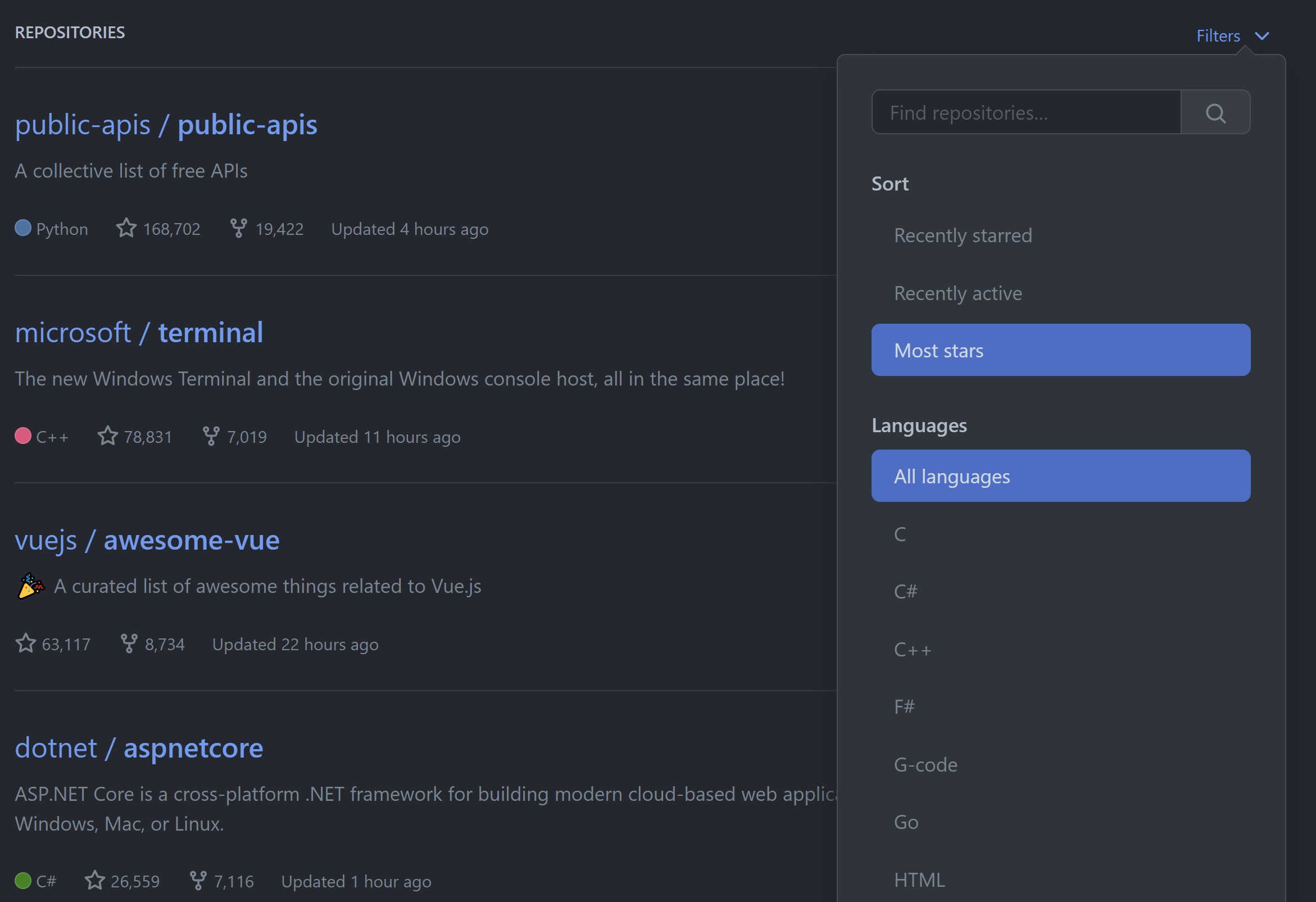Starred GitHub repositories filters.