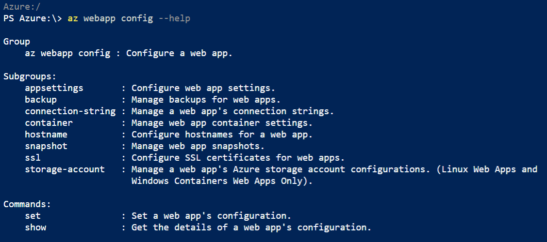 Azure CLI Help output.