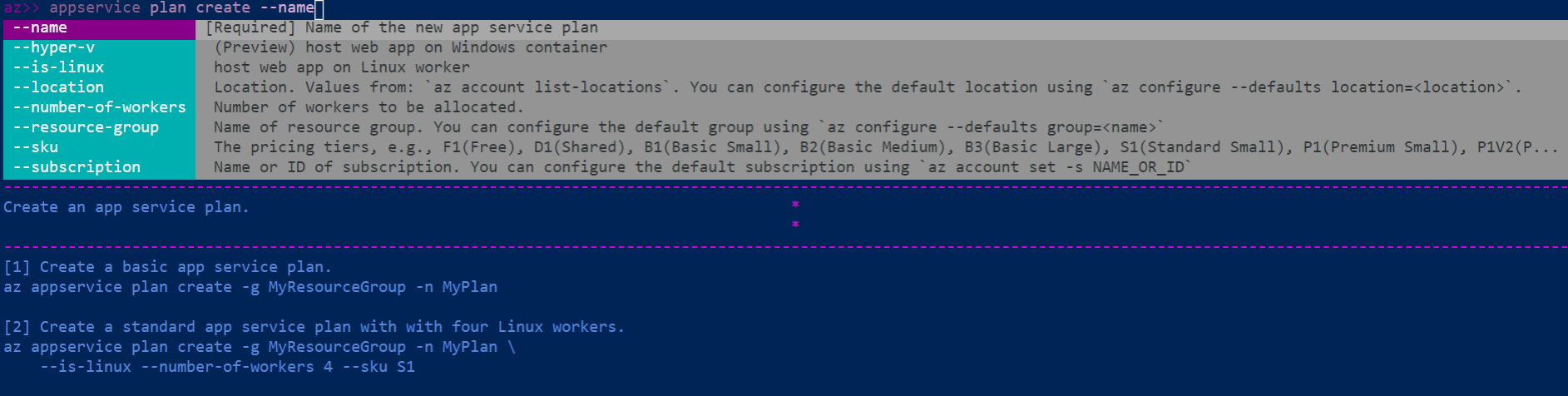 Azure CLI interactive mode display.