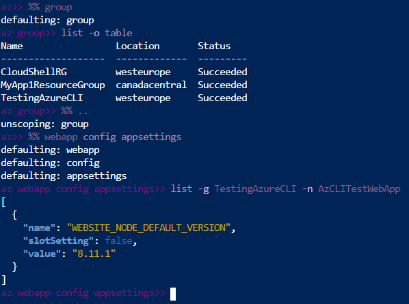 Scoped commands in Azure CLI interactive mode.