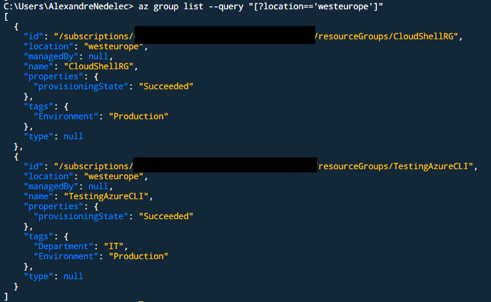 az group command output using JMESPath property filter.