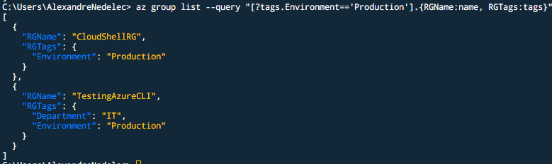az group command output using JMESPath property filter and selection.
