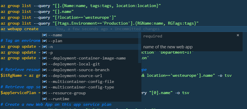 Intellisense with Azure CLI vscode extension.