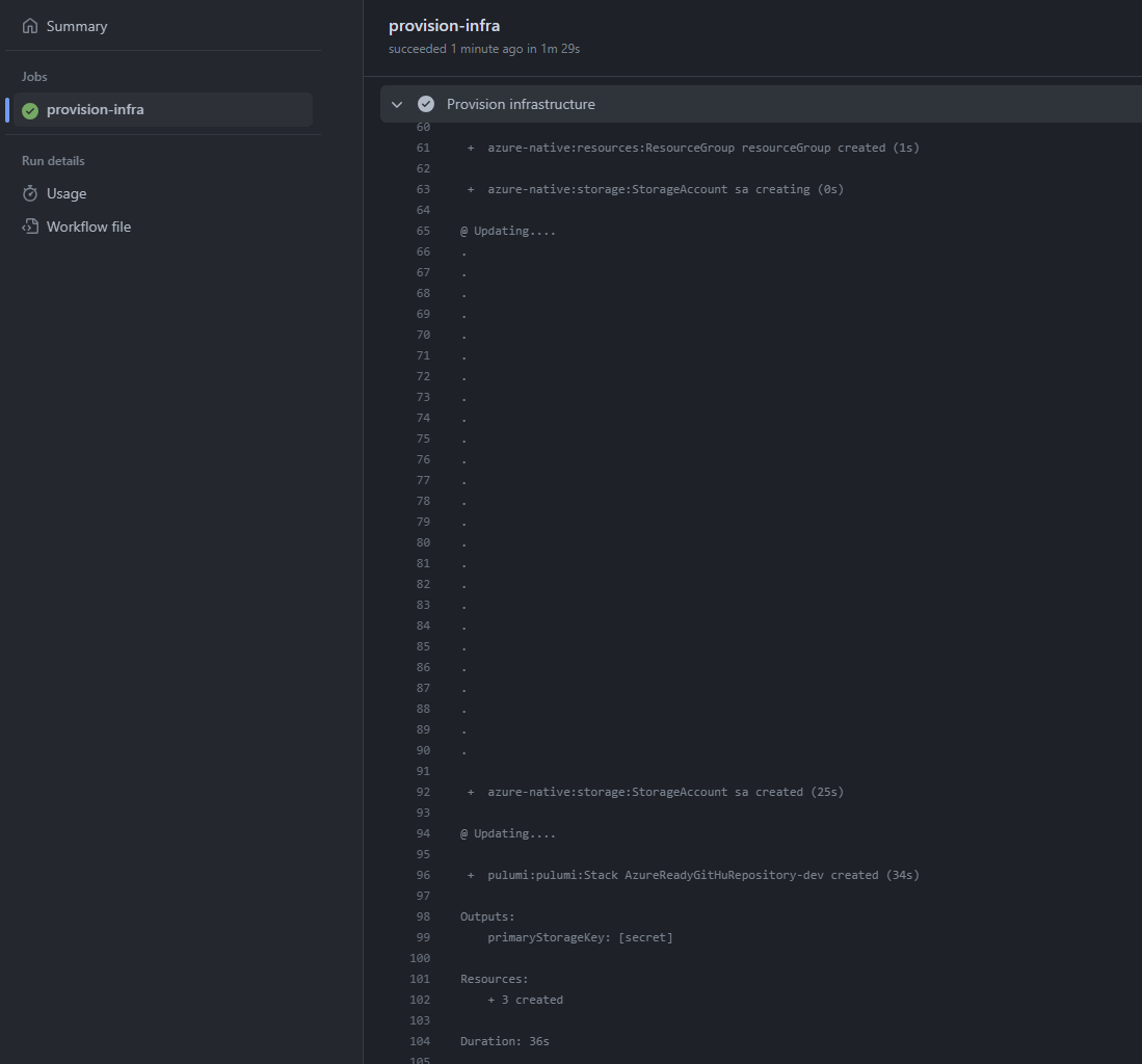 Logs of the pipeline run showing that the workflow successfully created a storage account.