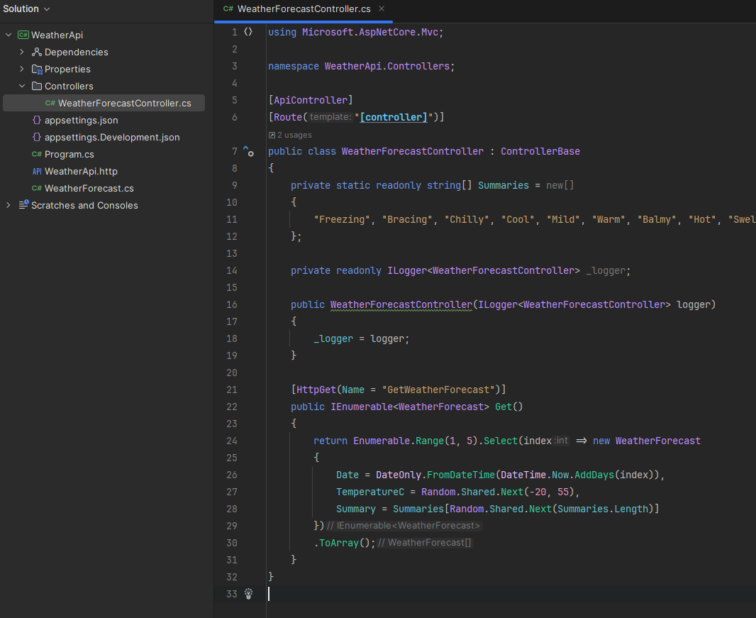 Screenshot of the generated project in Rider