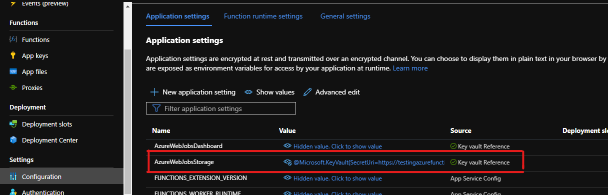 AzureWebJobsStorage setting as a keyvault reference in Function App settings.