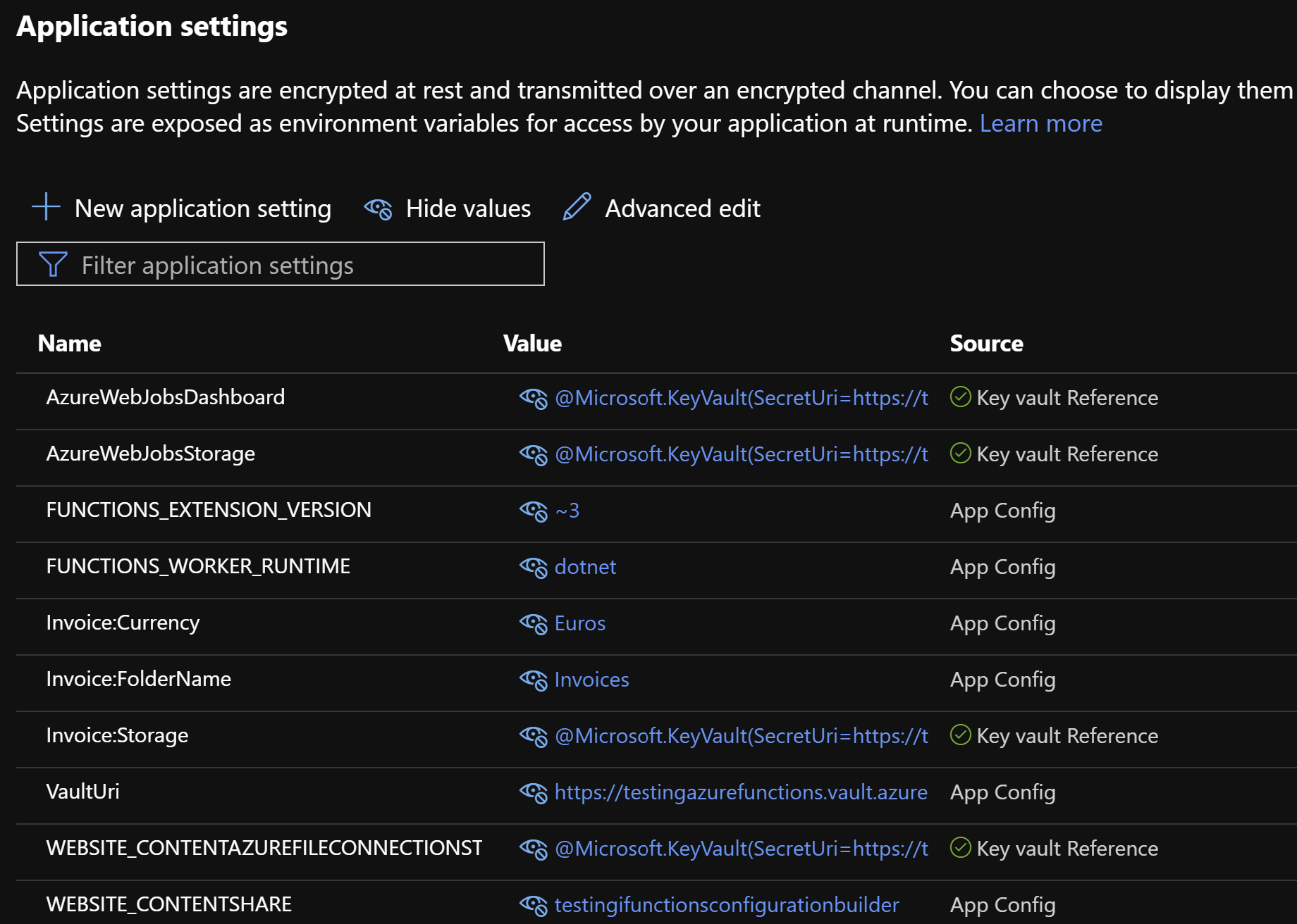 Function App application settings in Azure portal.