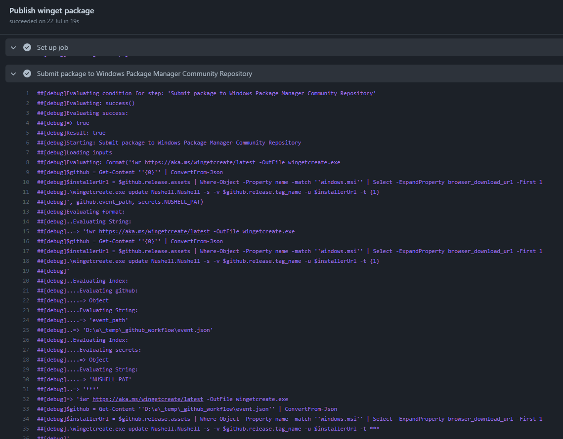 Debug logs of a Github workflow run.