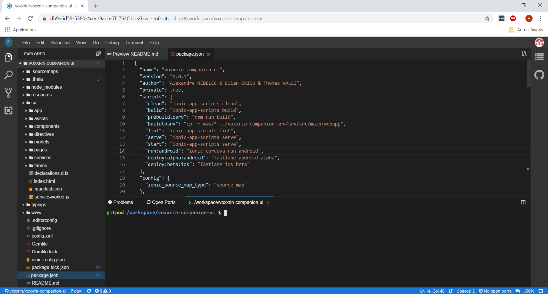 Voxxr.in project opened in gitpod in browser.