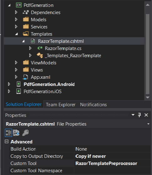 File properties of a cshtml file in Visual Studio
