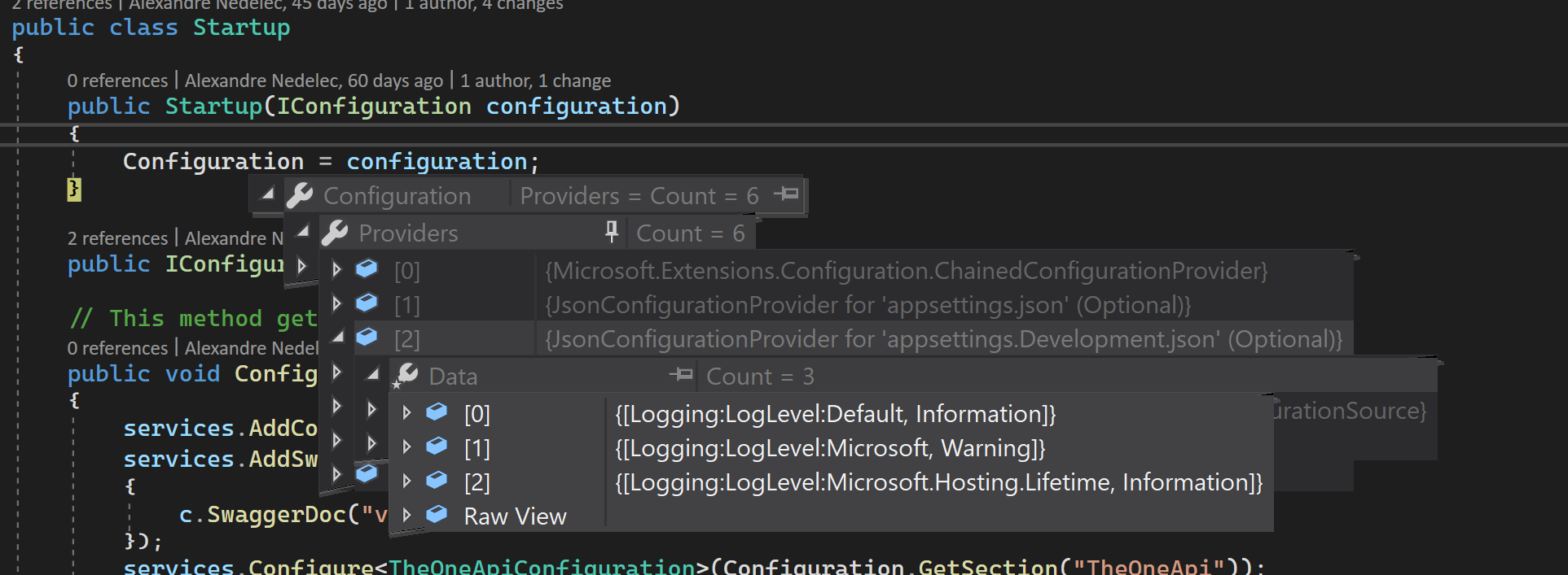 Values in Startup.cs configuration in debug.