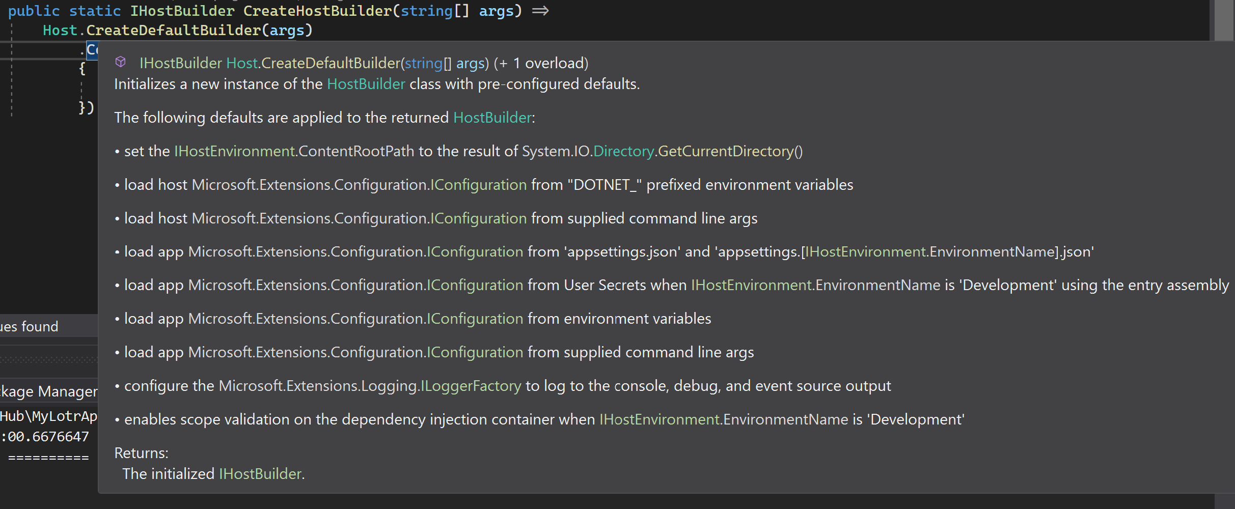 CreateDefaultBuilder documentation in IDE.