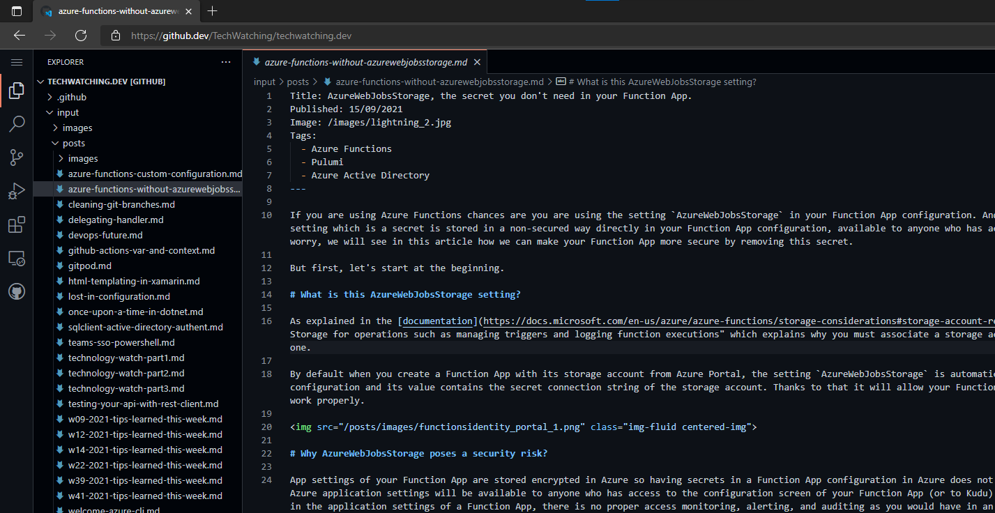 Blog in github.dev editor.