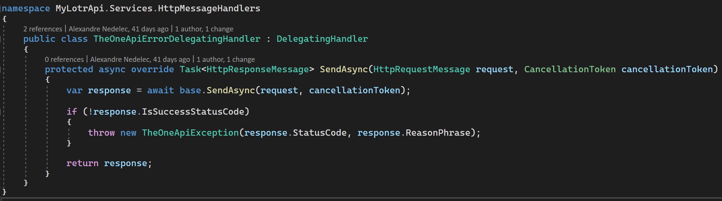 The code the OneApiErrorDelegatingHandler.