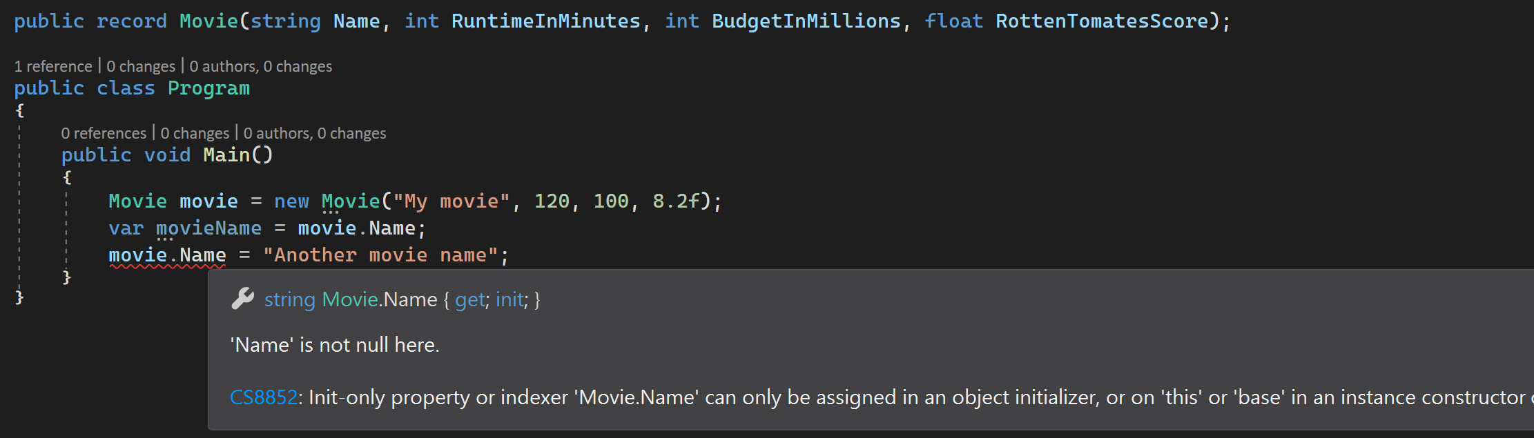 Code showing immutability of records.