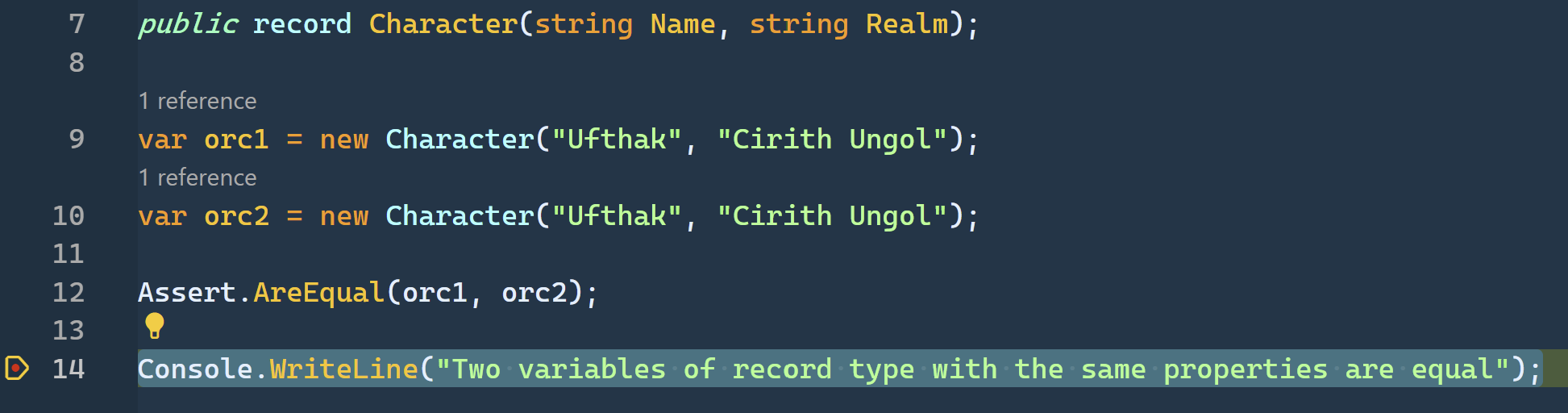 Code showing value equality of records