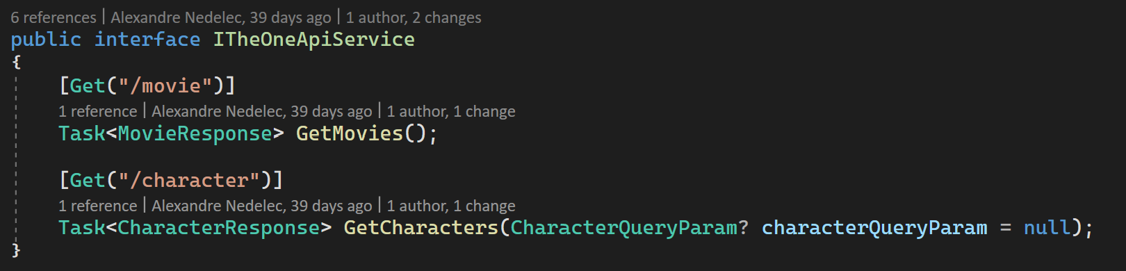 The code of the IOneApiService interface using Refit.