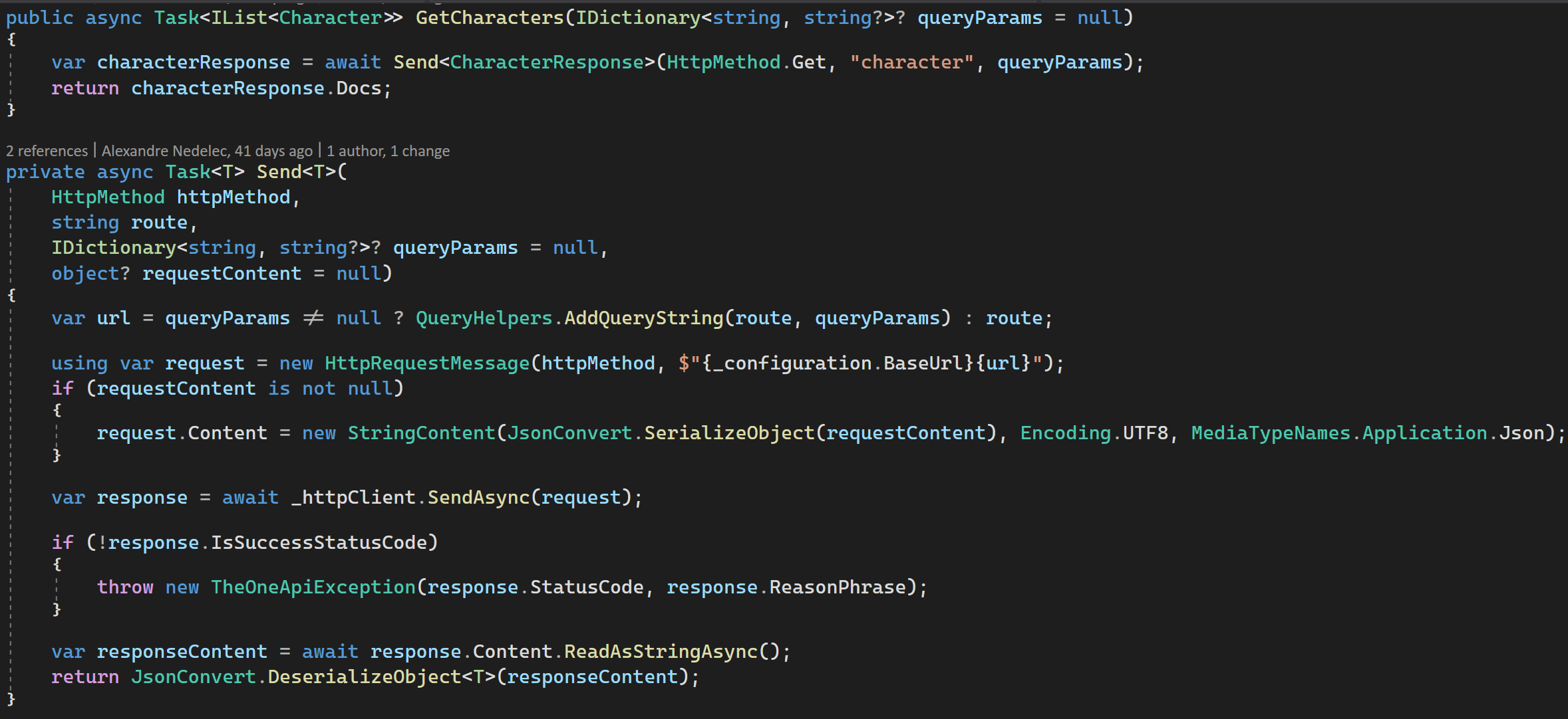The OneApiService factorizing code in a private method.