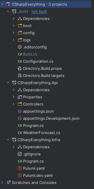 IDE solution explorer witht the infra, build and api projects.