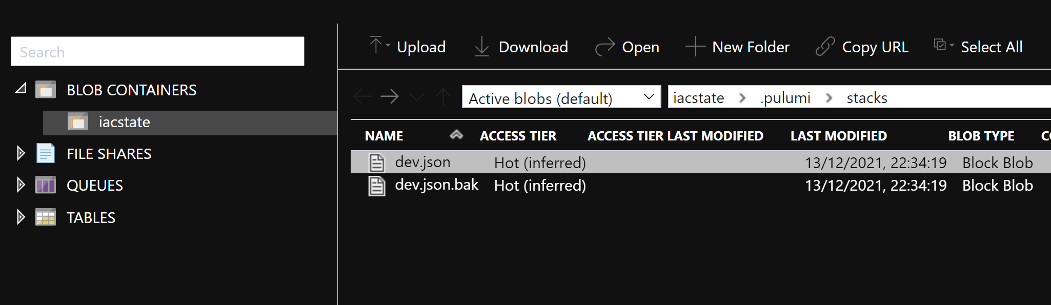 Azure Blob container explorer showing the Pulumi state file.