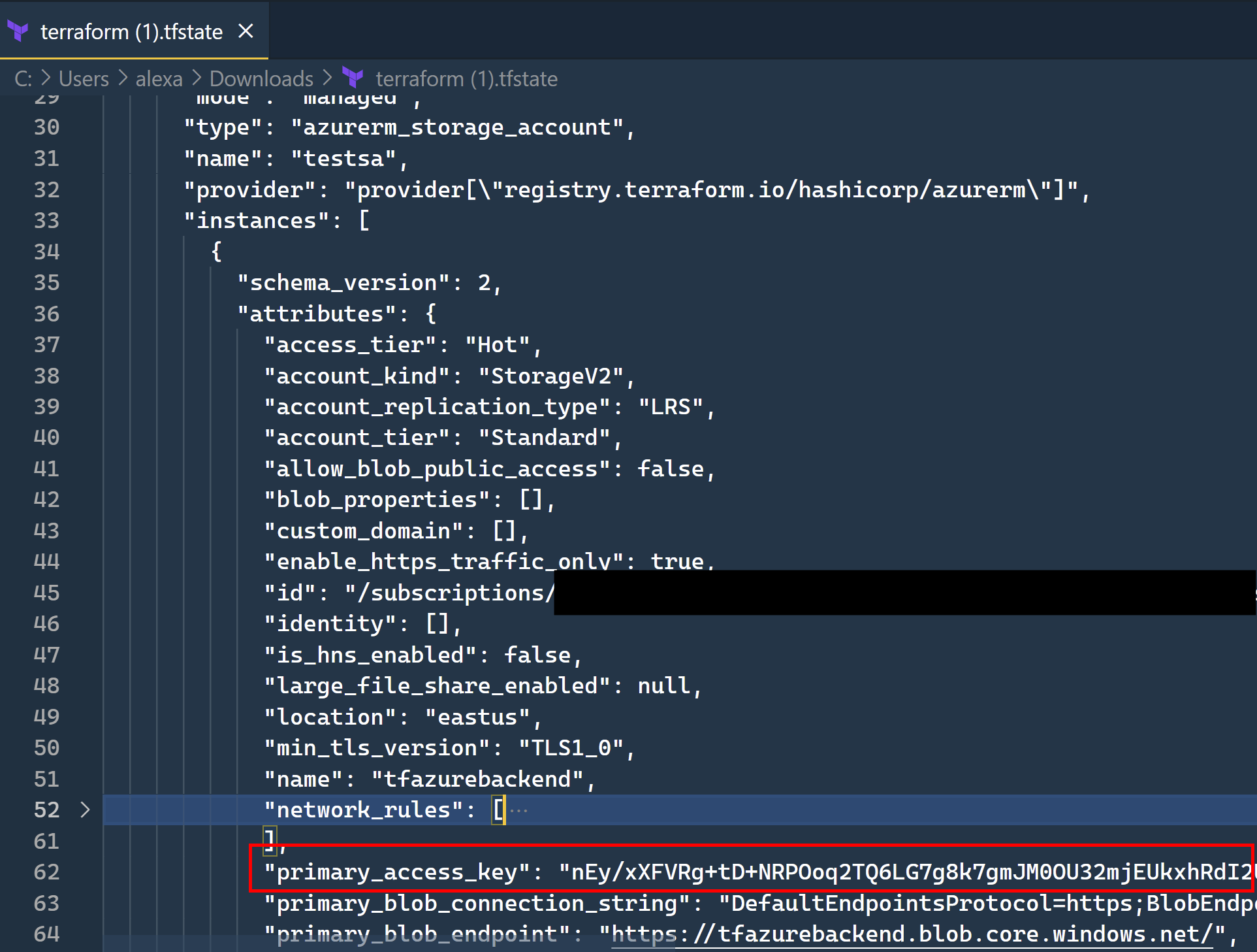 Terraform state file containing clear text sensitive information in vscode.