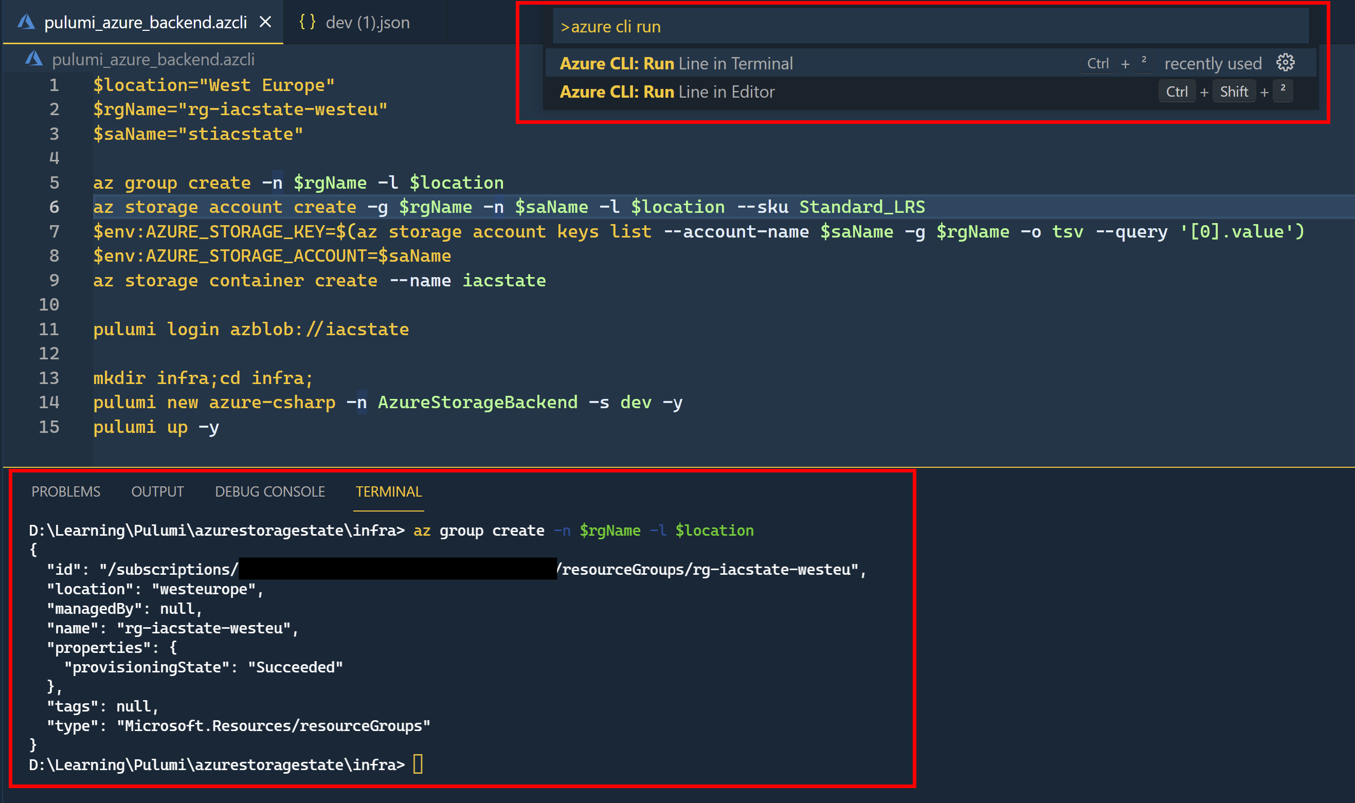 Azure CLI script in vscode.