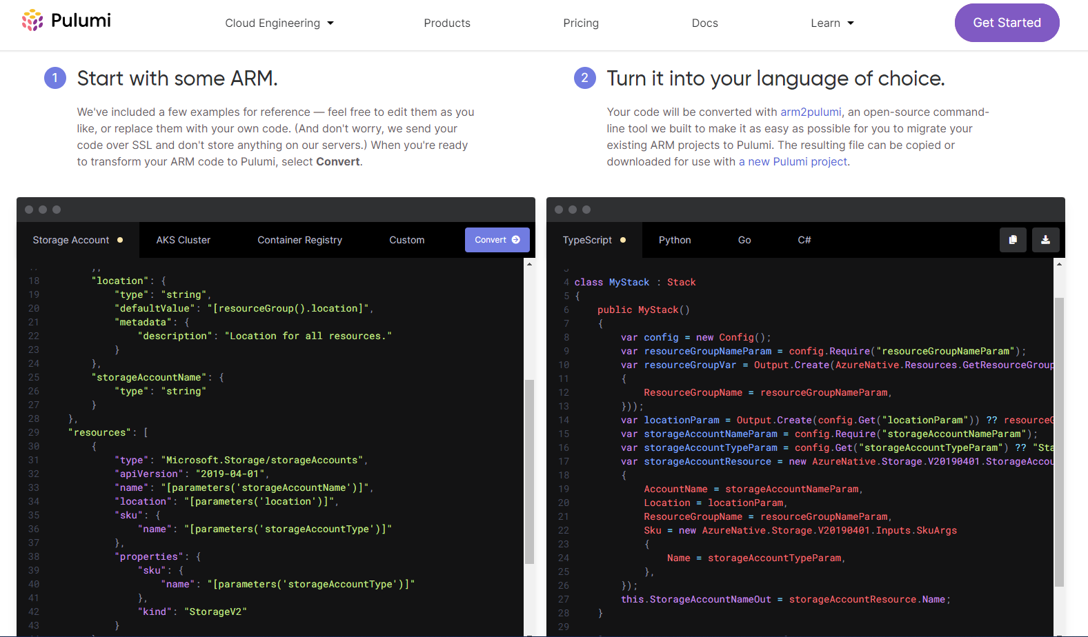 Demo of using ARM to Pulumi converter on Pulumi website.
