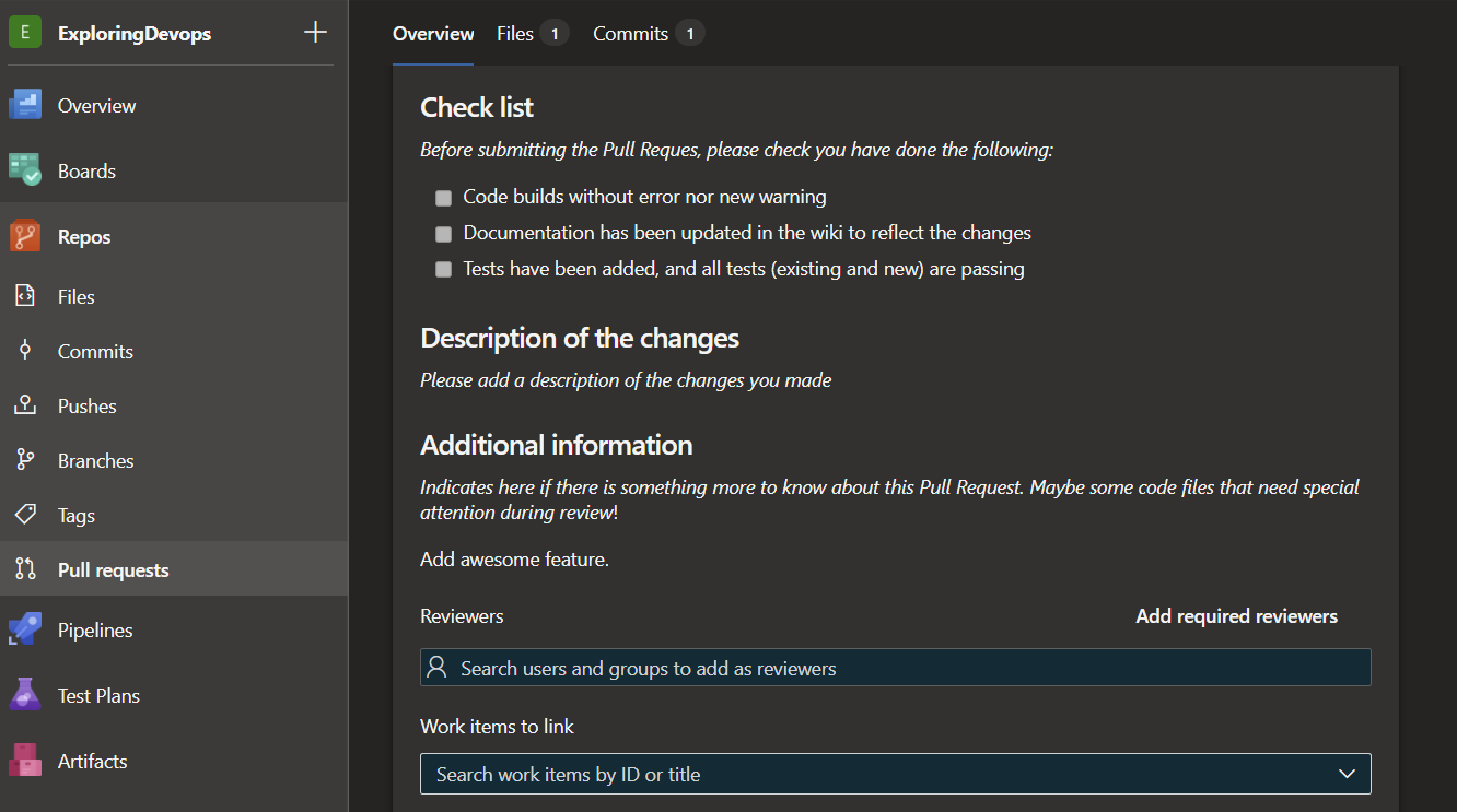 Pull request template in Azure DevOps.