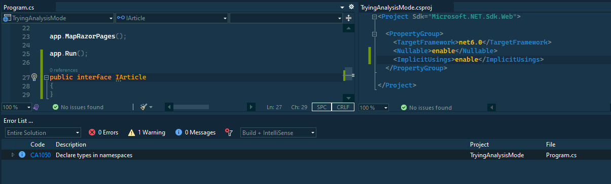 Program in vscode with default analysis mode.