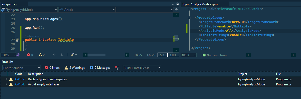 Program in vscode with 'All' analysis mode.