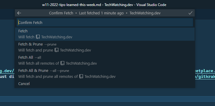 Doing a Git fetch in GitLens Command Palette.