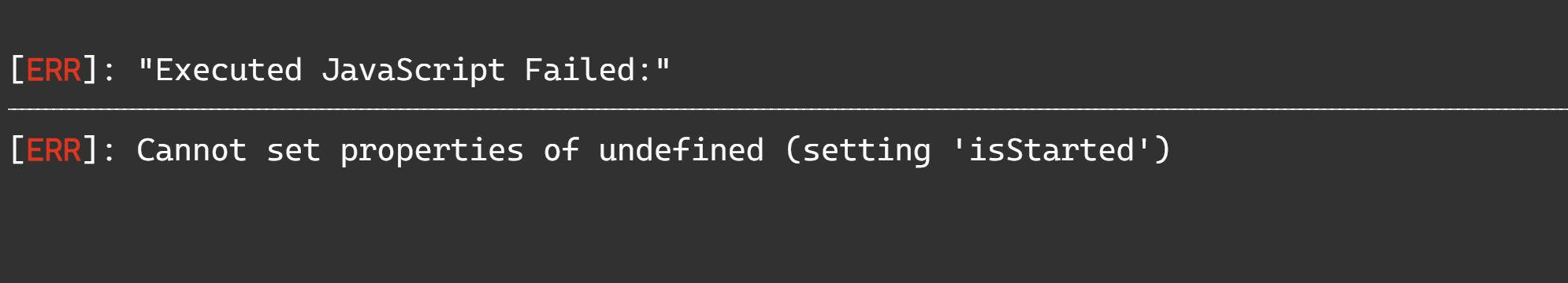JavaScript Failed error in console output.