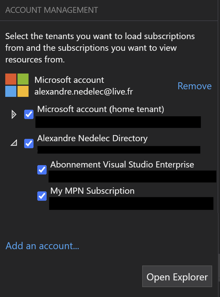 Azure Storage Explorer account management section.