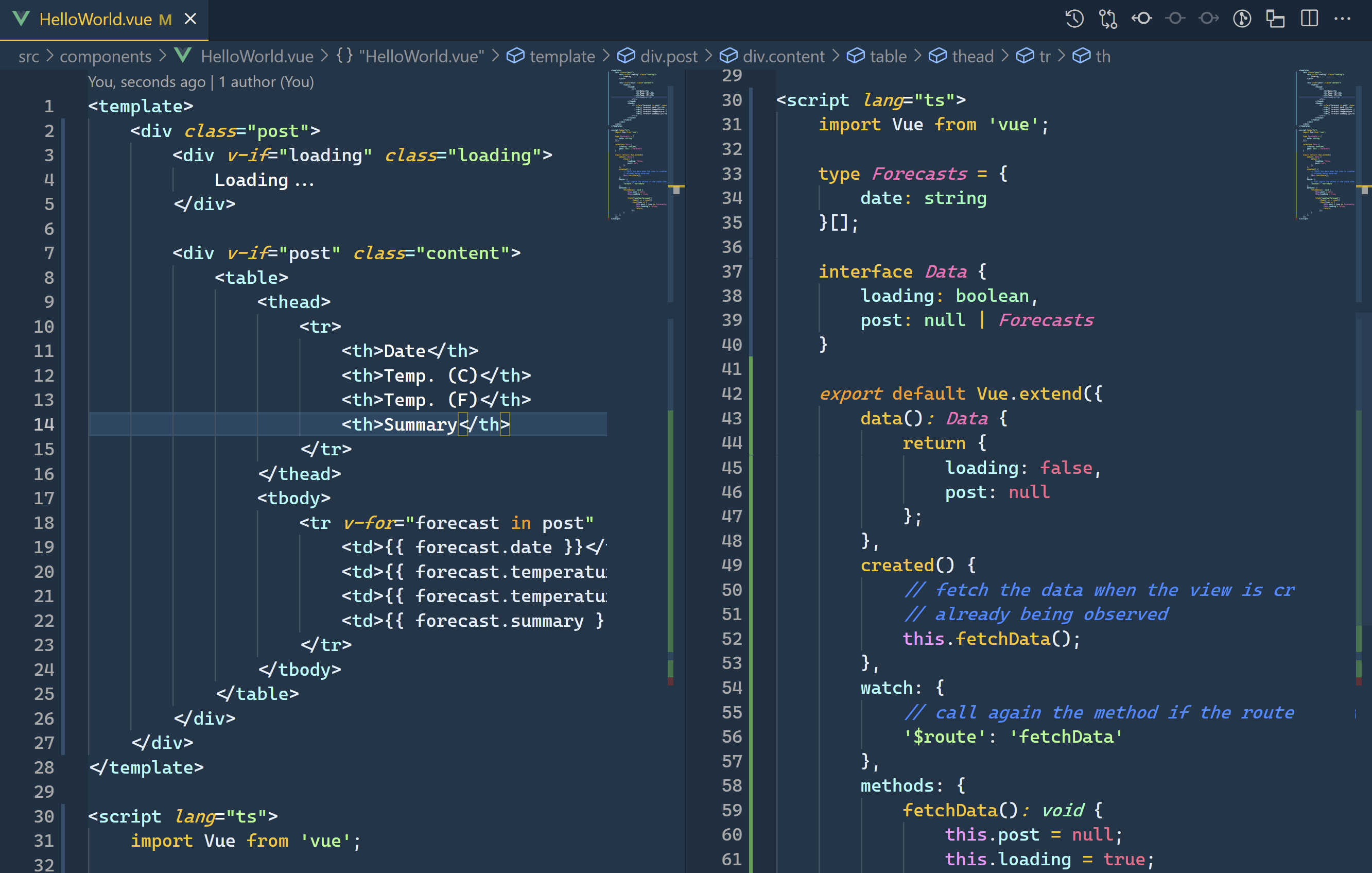Vue component split in 2 in vscode.