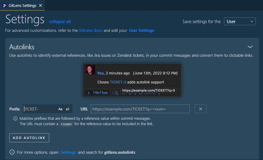 Autolinks GitLens settings view in vscode.