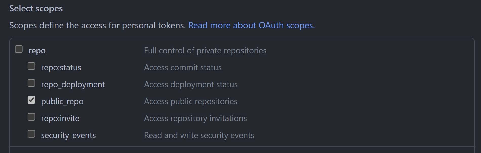 Screen to define Personal Access Tokens.