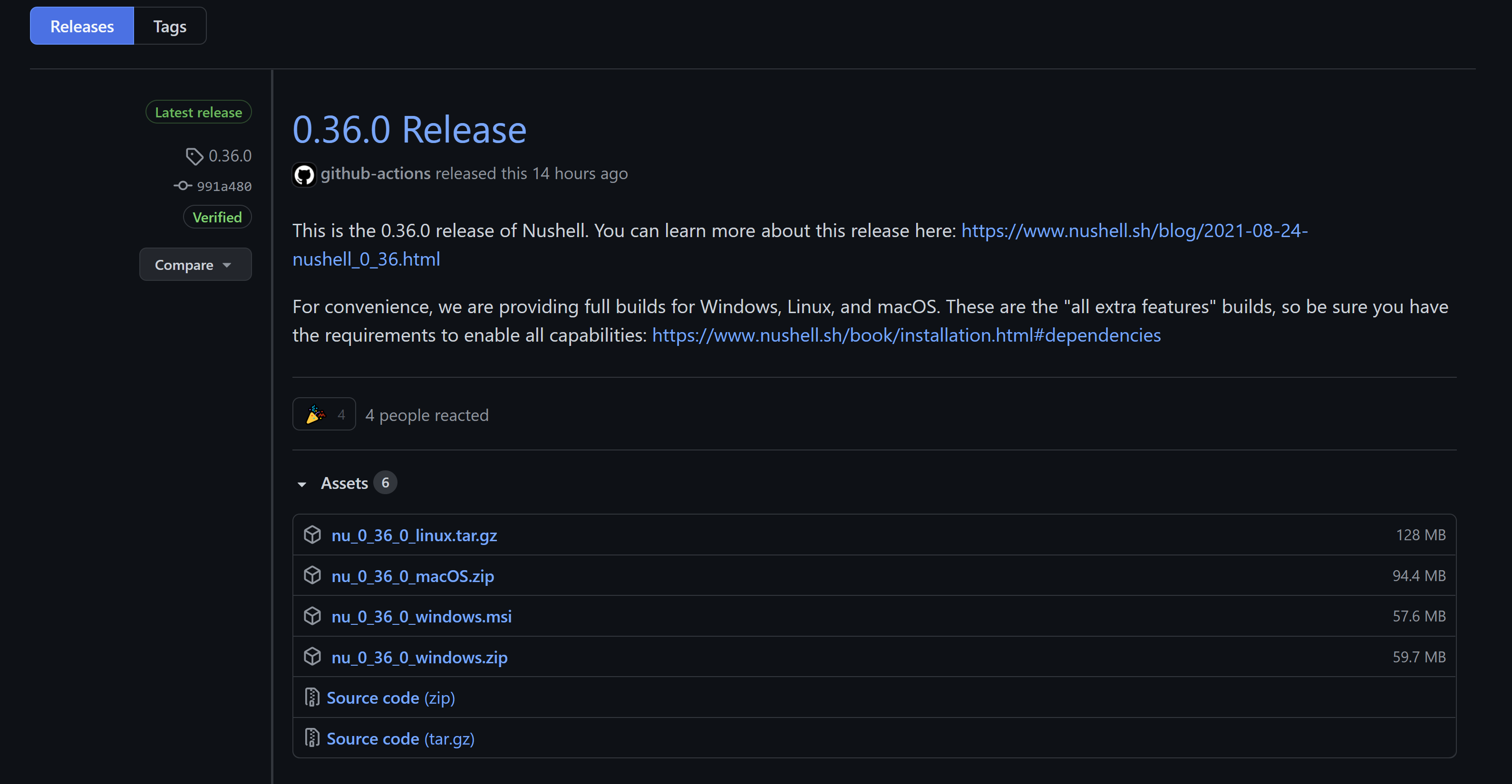 Nushell release page in GitHub.